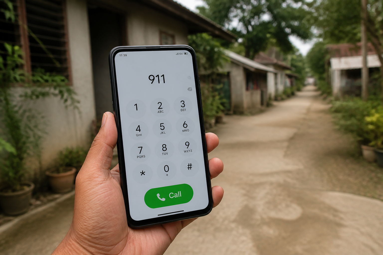 A phone with 911 entered, ready to call for emergency help